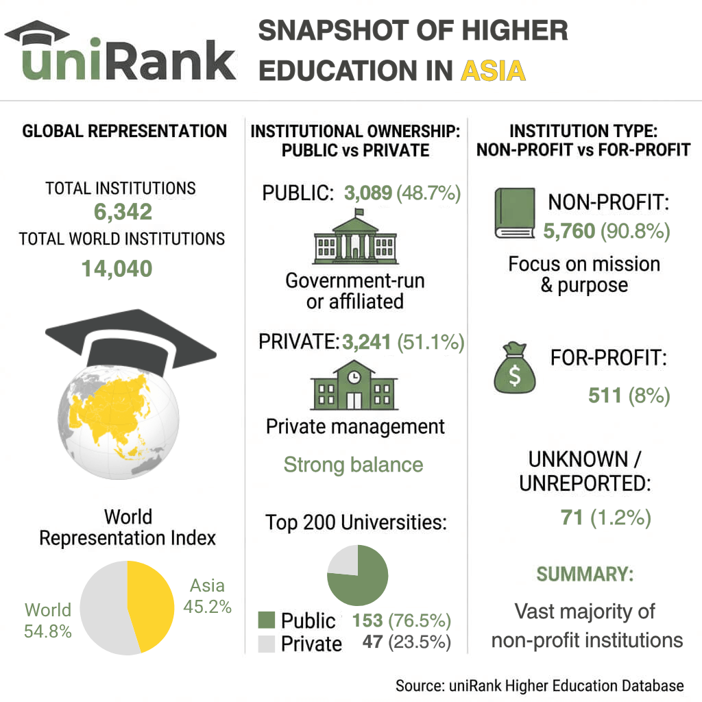Higher education in Asia 2026: statistics on universities, public and private institutions, and non-profit and for-profit higher education institutions