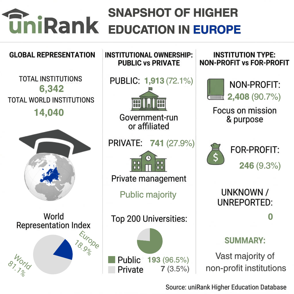Higher education in Europe 2026: statistics on universities, public and private institutions, and non-profit and for-profit higher education institutions