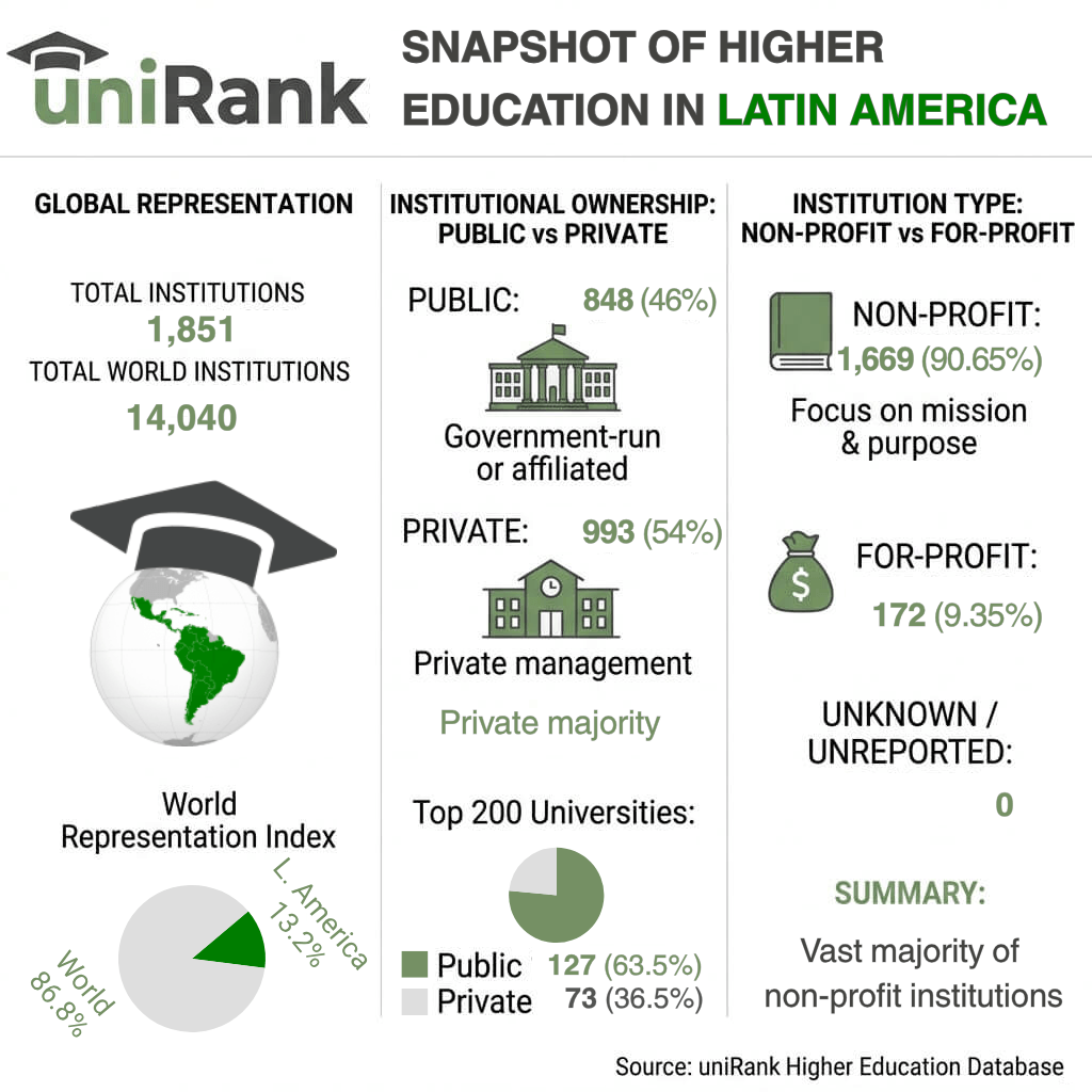 Higher education in Latin America 2026: statistics on universities, public and private institutions, and non-profit and for-profit higher education institutions
