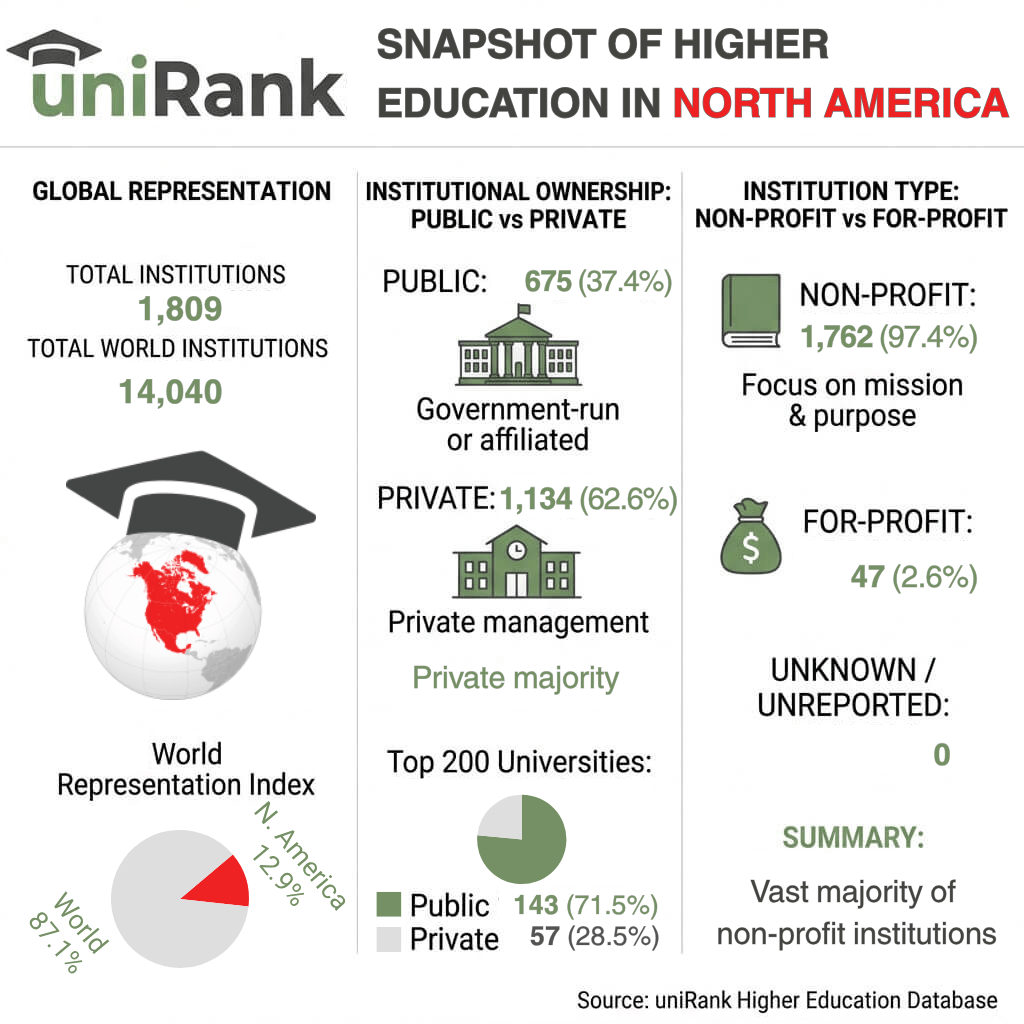 Higher education in North America 2026: statistics on colleges and universities, public and private institutions, and non-profit and for-profit higher education institutions