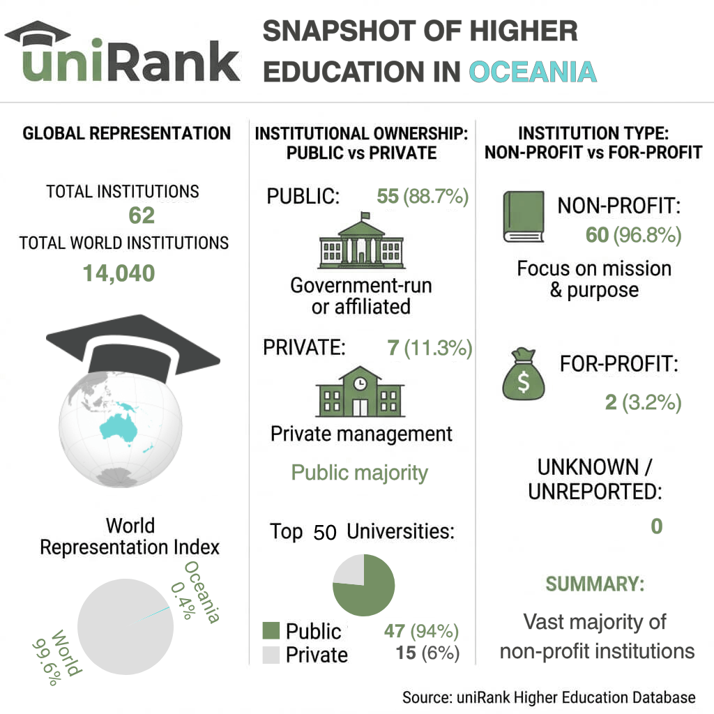 Higher education in Oceania 2026: statistics on universities, public and private institutions, and non-profit and for-profit higher education institutions