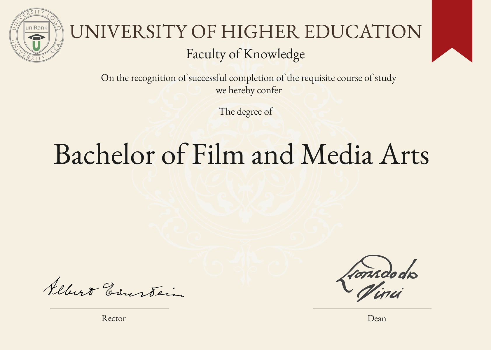 Bachelor of Film and Media Arts (BFA in Film and Media Arts) program/course/degree certificate sample