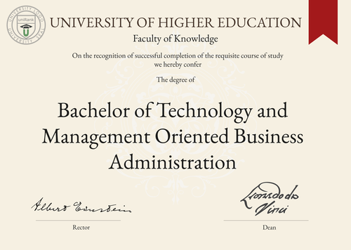 Bachelor of Technology and Management Oriented Business Administration (BTMBA) program/course/degree certificate example