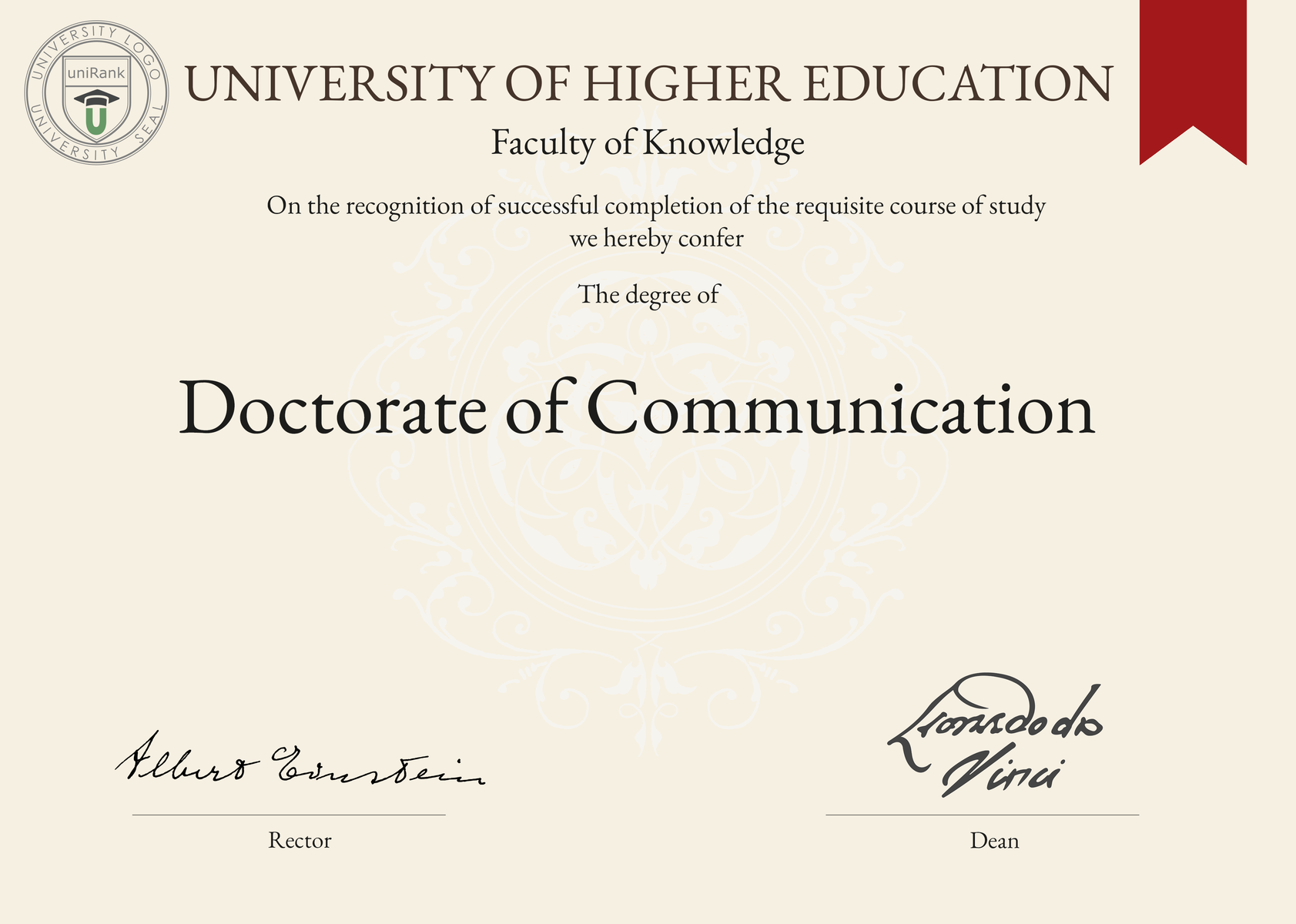 Doctorate of Communication (PhD in Communication) program/course/degree certificate sample