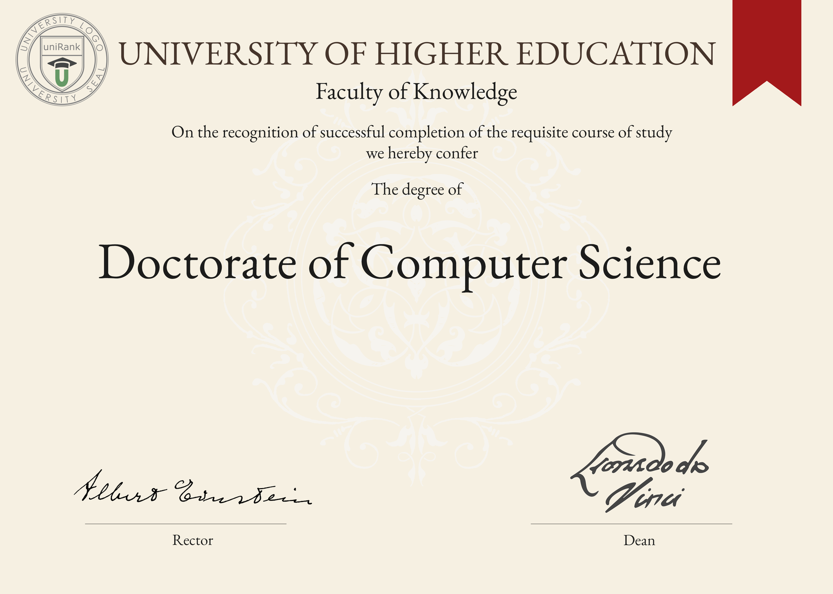 Doctorate of Computer Science (PhD in Computer Science) program/course/degree certificate sample