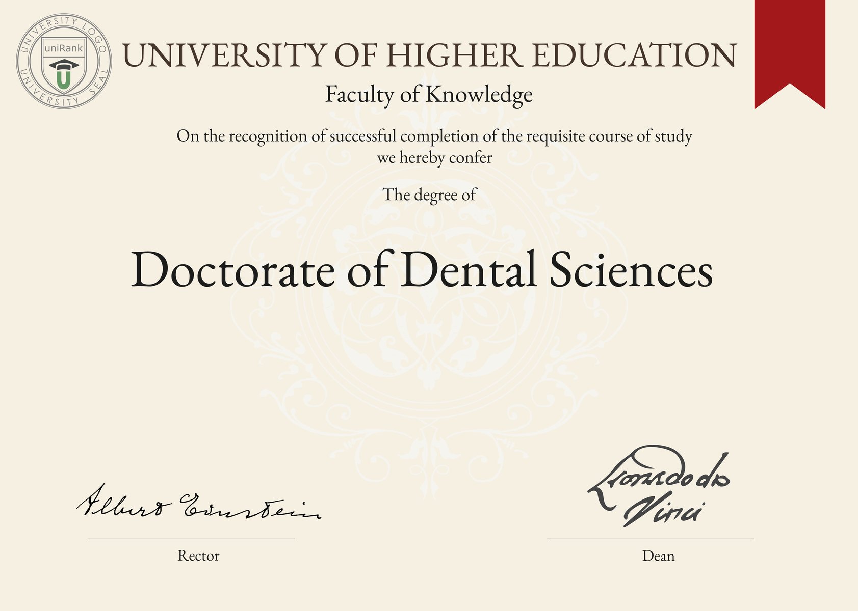 Doctorate of Dental Sciences (DDS) program/course/degree certificate sample