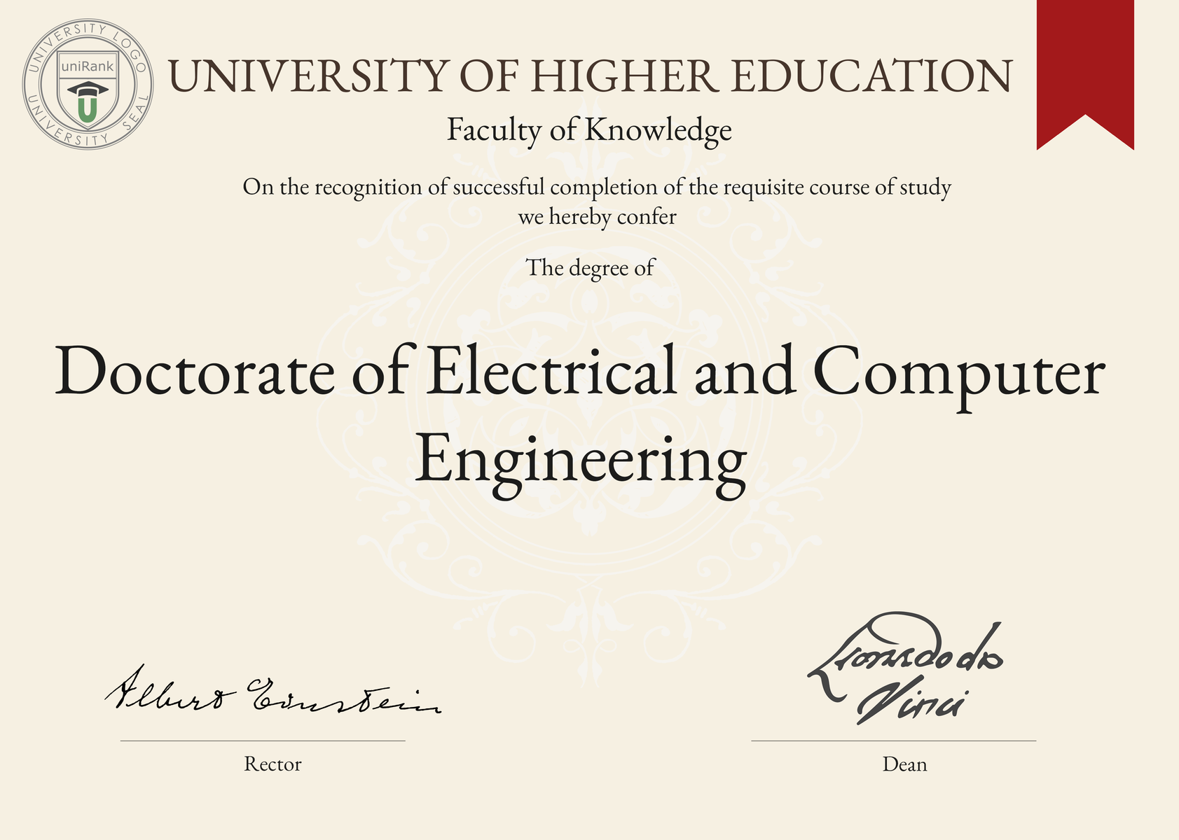 Doctorate of Electrical and Computer Engineering (Ph.D. in Electrical and Computer Engineering) program/course/degree certificate sample
