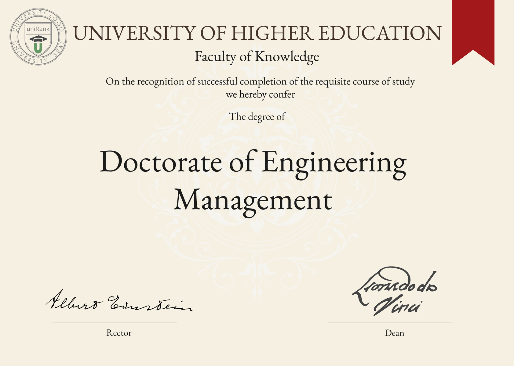 Doctorate of Engineering Management (DEM) program/course/degree certificate sample
