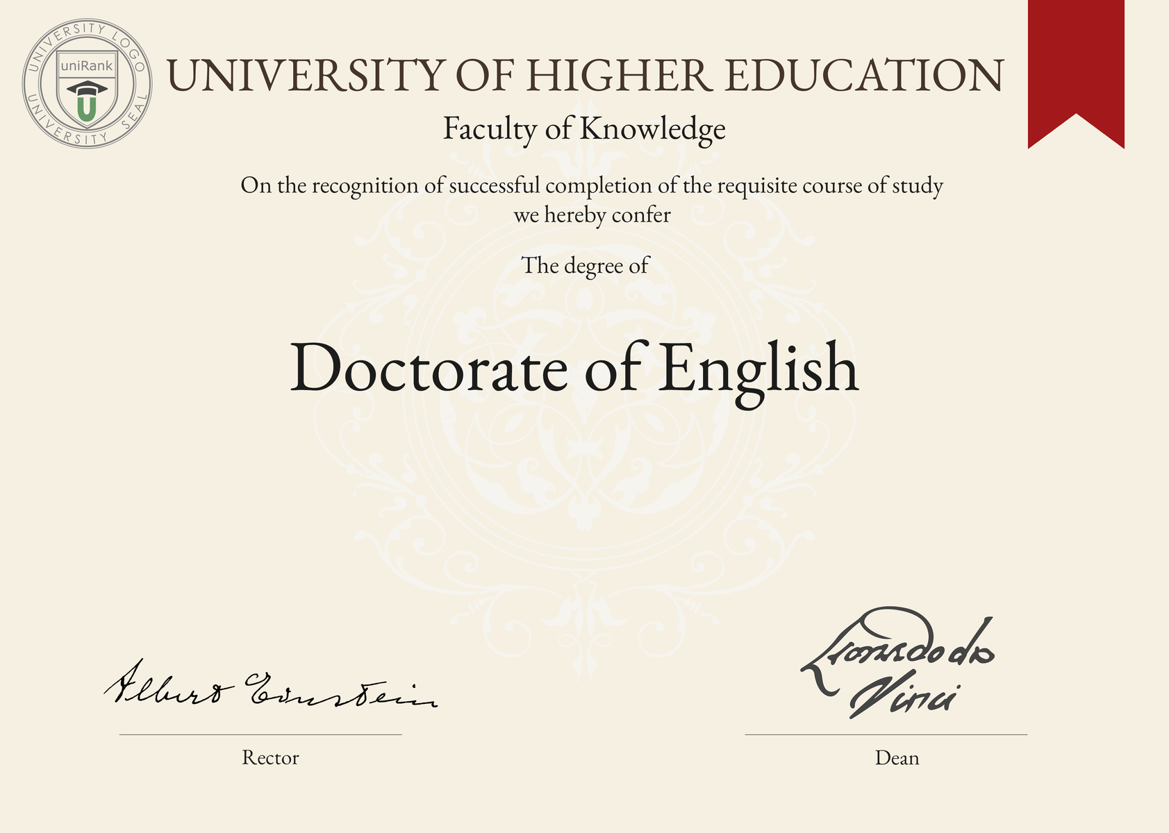 Doctorate of English (PhD in English) program/course/degree certificate sample