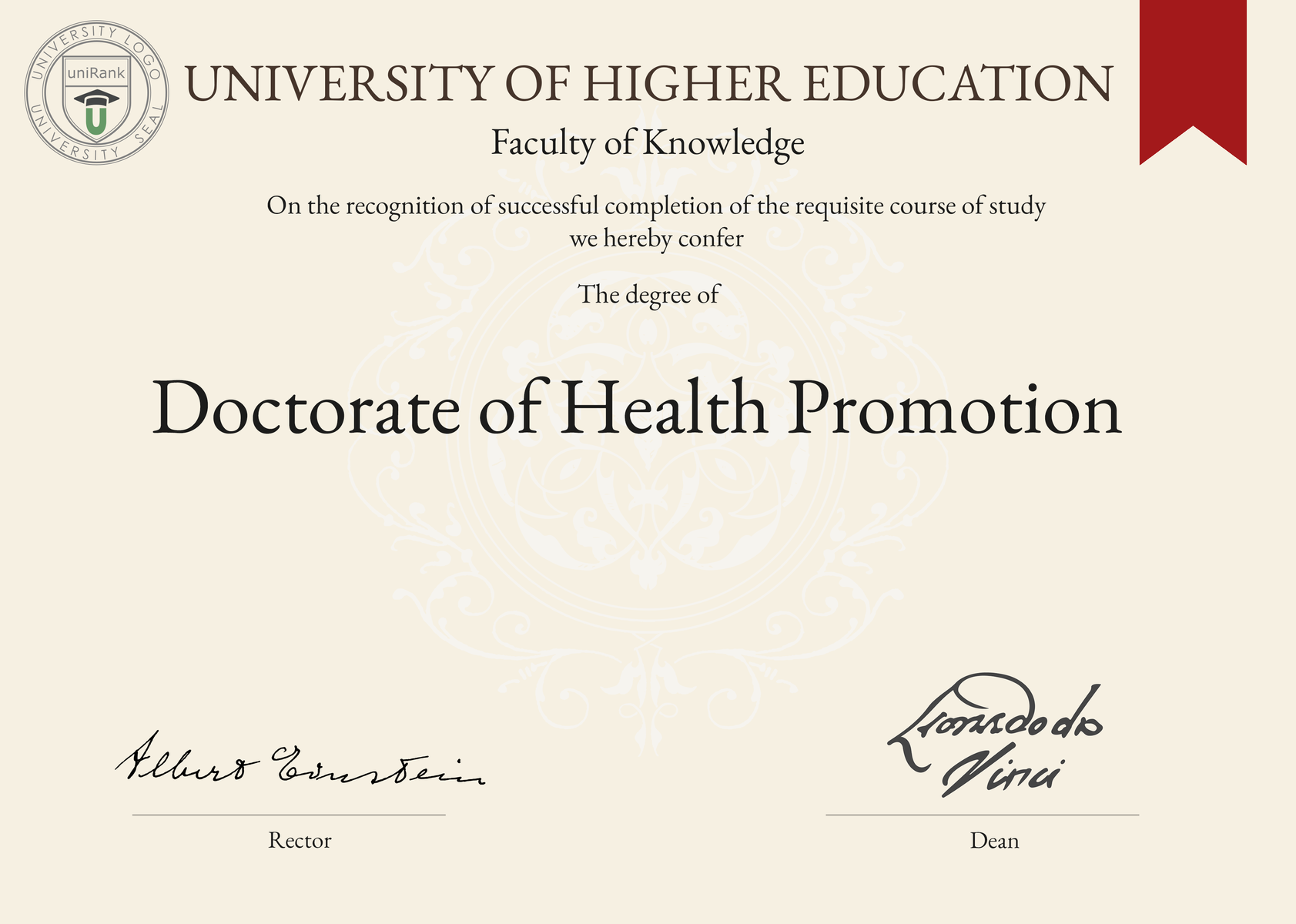 Doctorate of Health Promotion (DHP) program/course/degree certificate sample