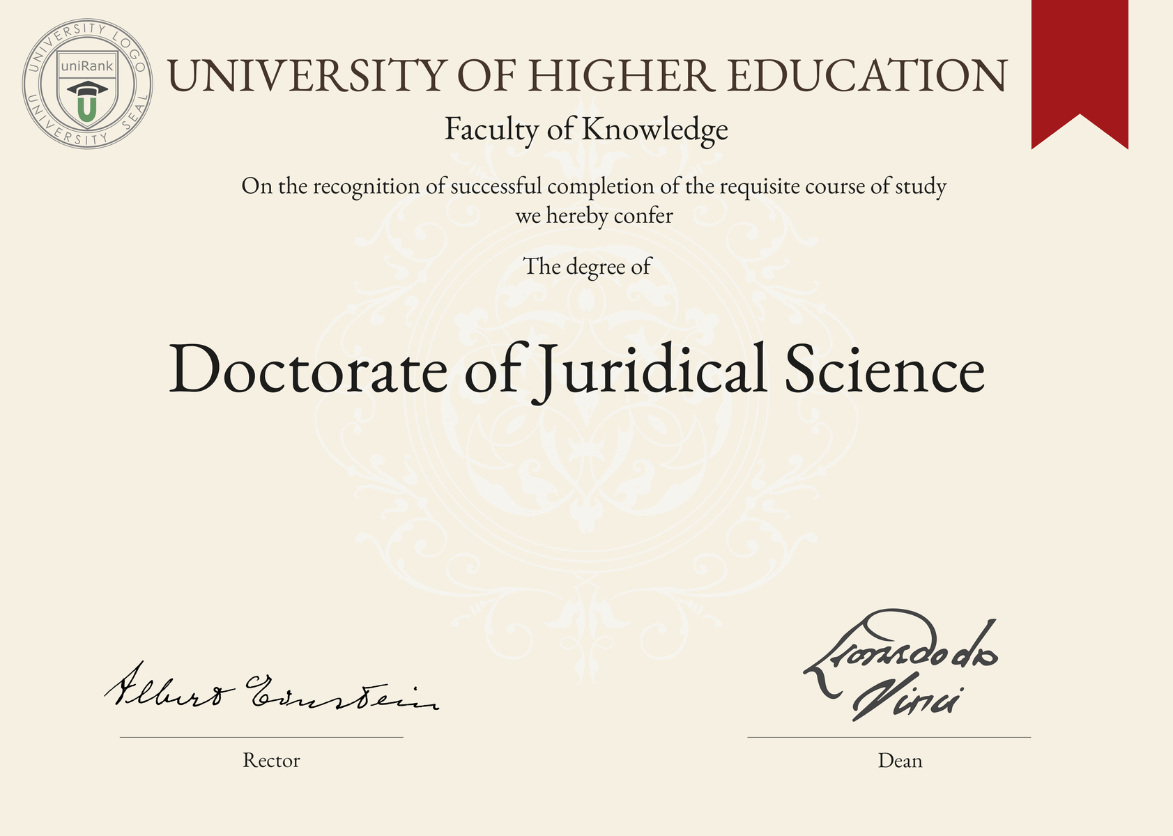 Doctorate of Juridical Science (SJD) program/course/degree certificate sample