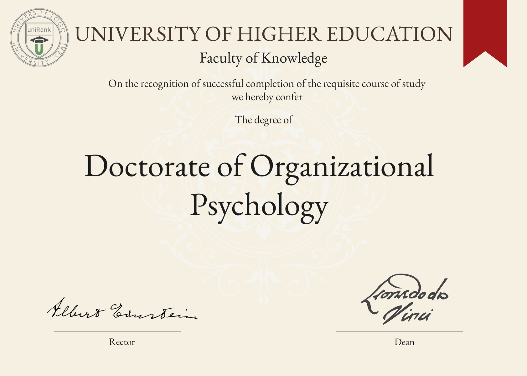 Doctorate of Organizational Psychology (PhD in Organizational Psychology) program/course/degree certificate sample