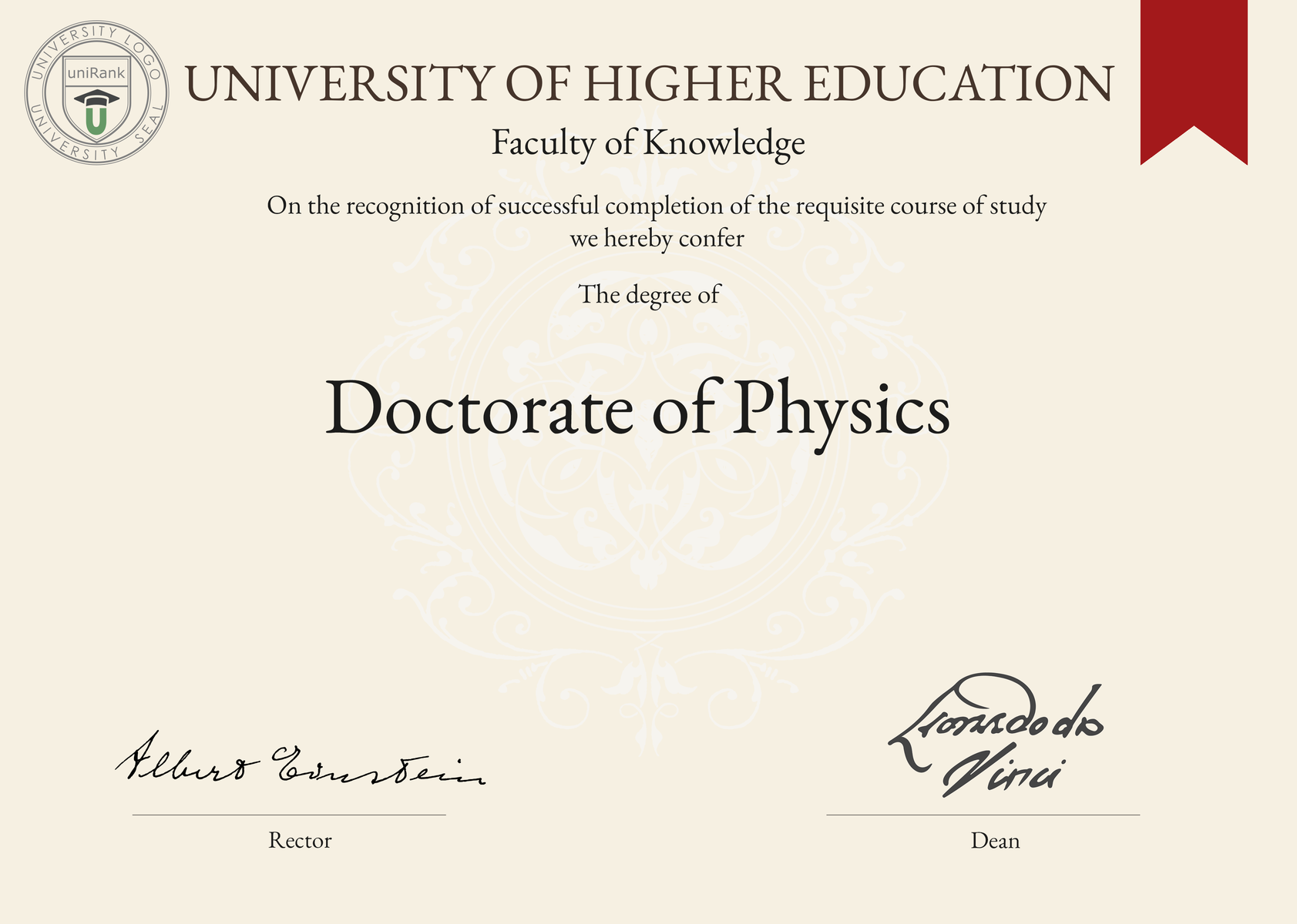 Doctorate of Physics (PhD in Physics) program/course/degree certificate sample