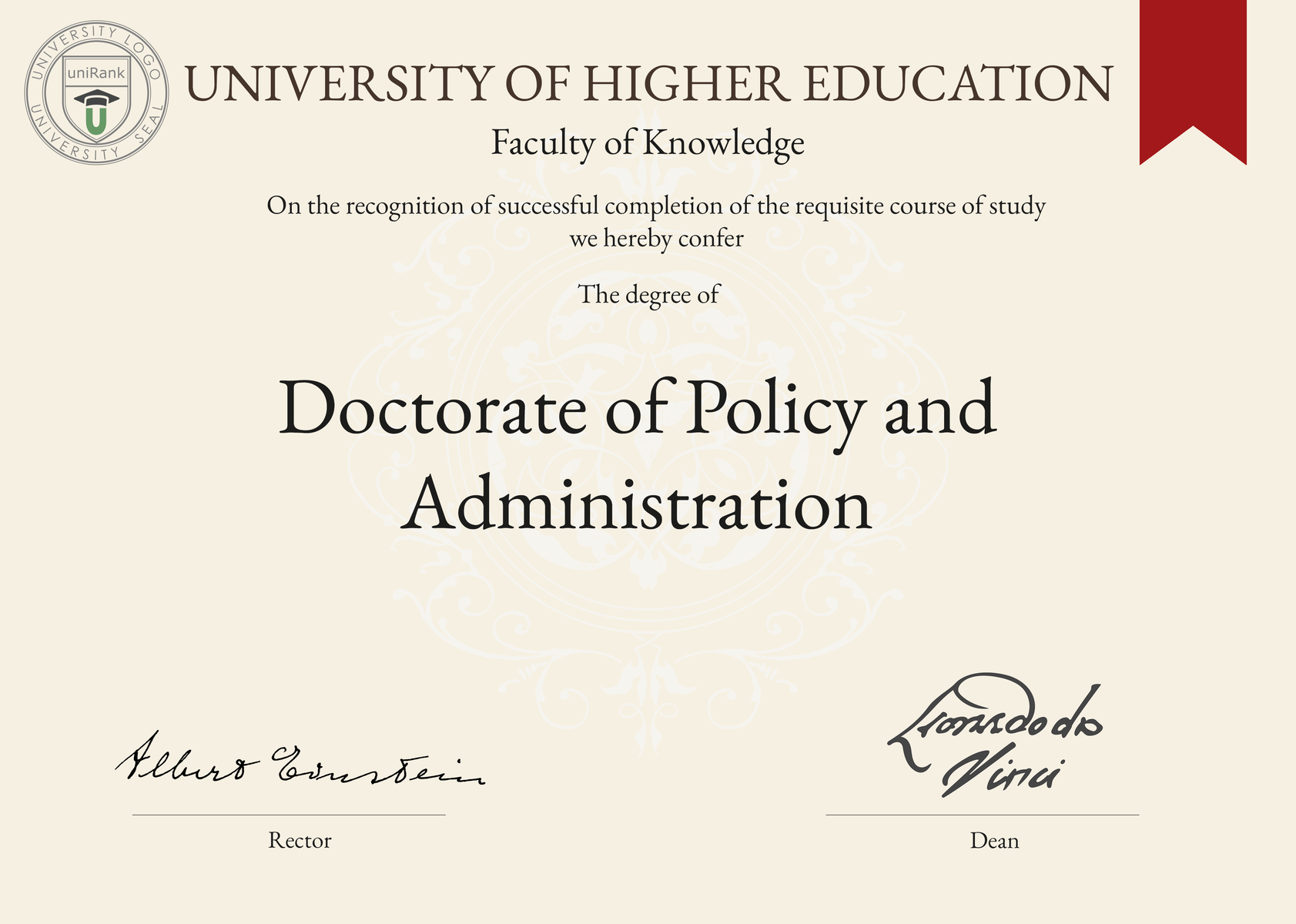 Doctorate of Policy and Administration (DPA) program/course/degree certificate sample