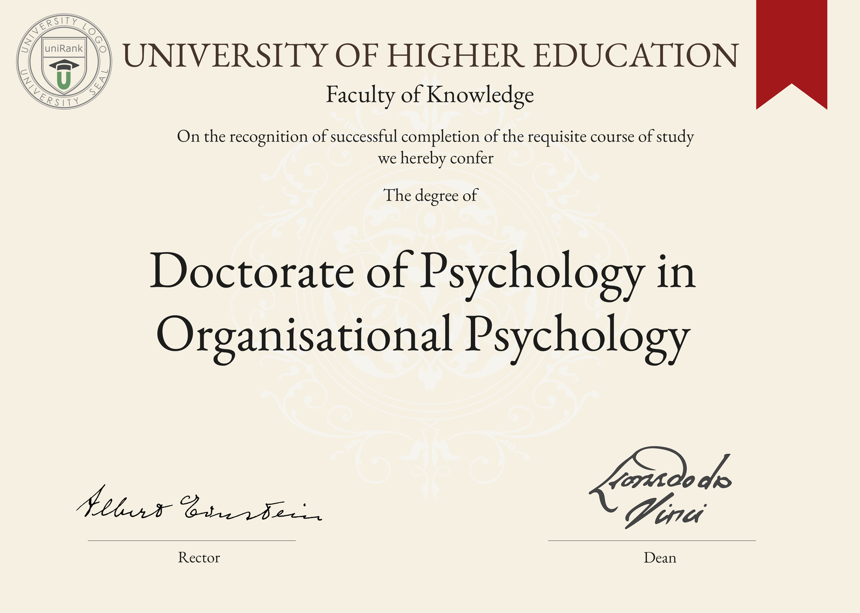 Doctorate of Psychology in Organisational Psychology (PsyD in Organisational Psychology) program/course/degree certificate sample
