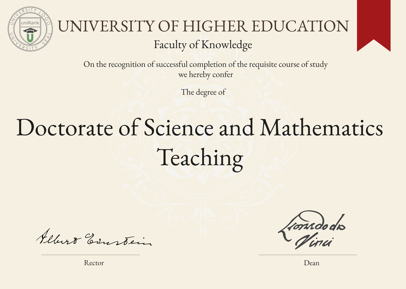 Doctorate of Science and Mathematics Teaching (D.Sc. Math Teaching) program/course/degree certificate sample