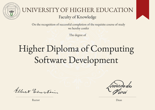 Higher Diploma of Computing Software Development (HDip in Computing Software Development) program/course/degree certificate example