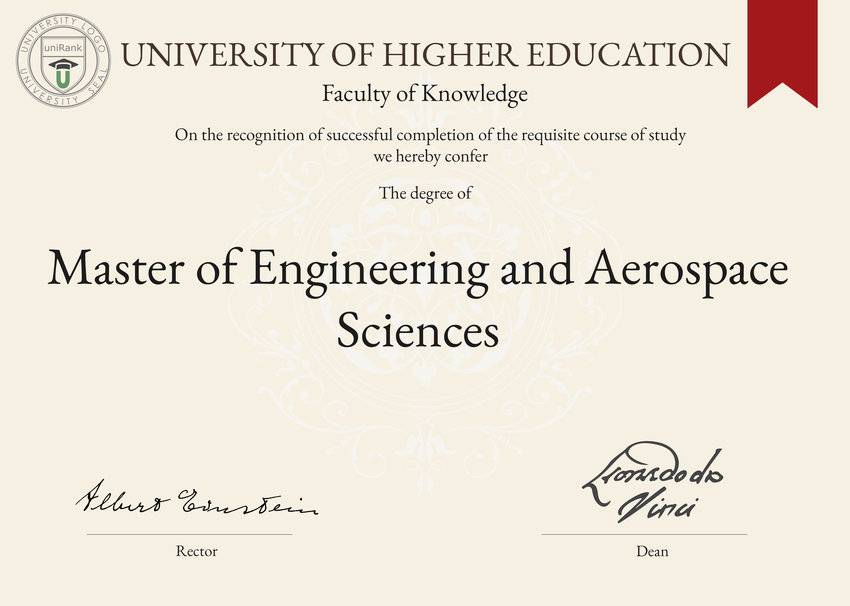 Master of Engineering and Aerospace Sciences (MEng Aerospace Sciences) program/course/degree certificate sample