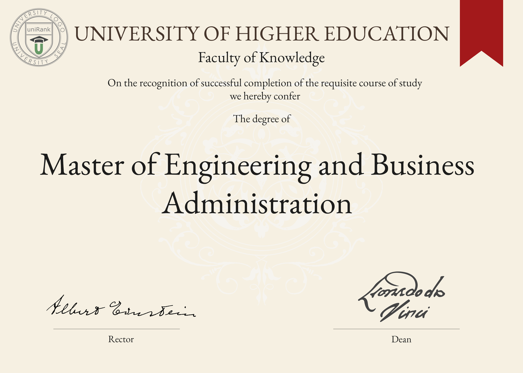 Master of Engineering and Business Administration (MEng/MBA) program/course/degree certificate sample