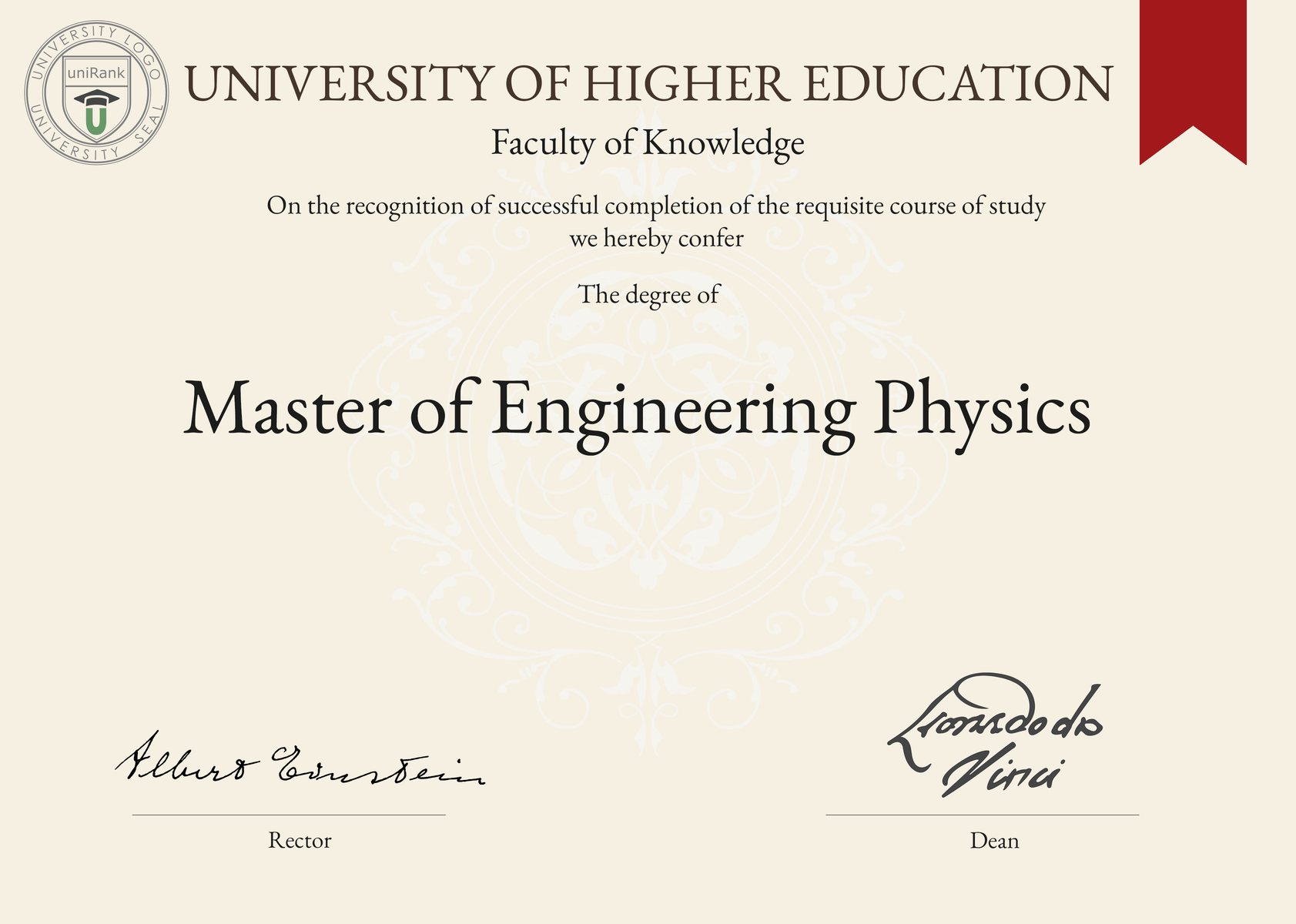 Master of Engineering Physics (MEng Phys) program/course/degree certificate sample