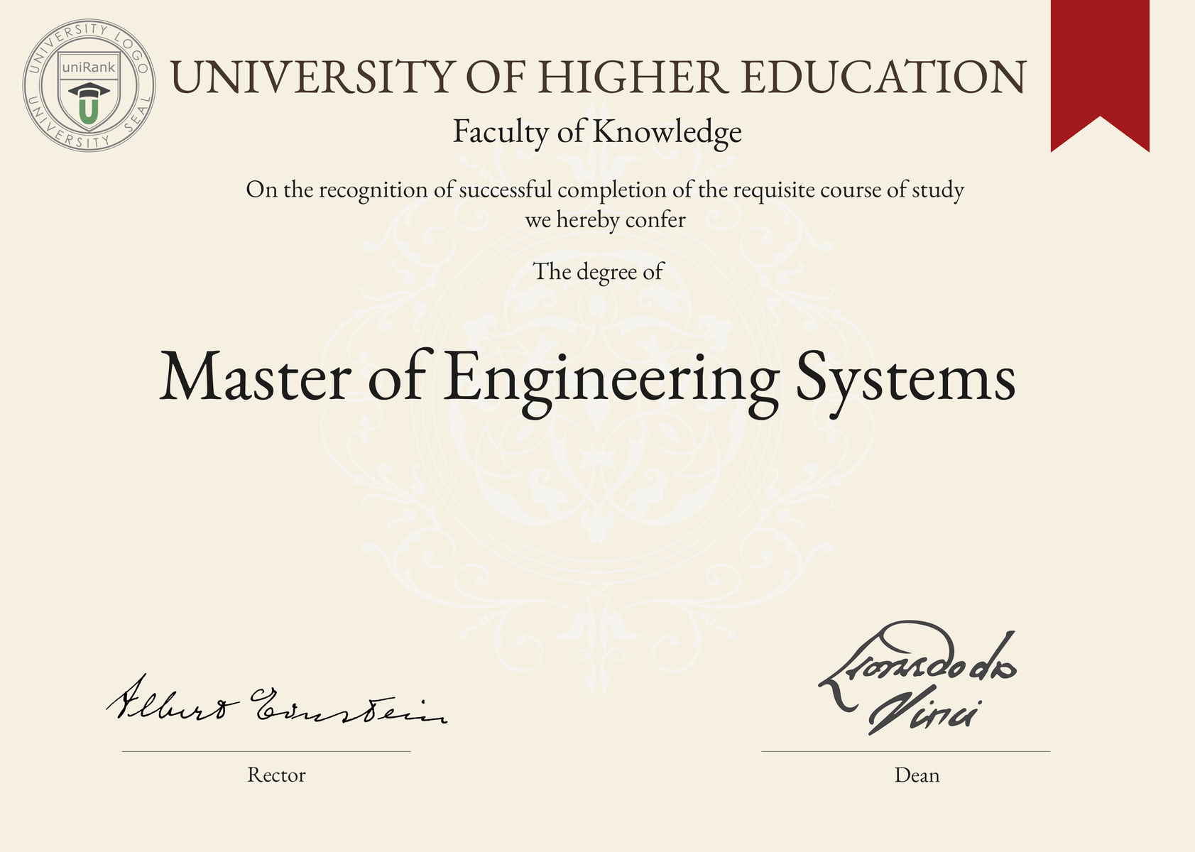 Master of Engineering Systems (MEng Systems) program/course/degree certificate sample