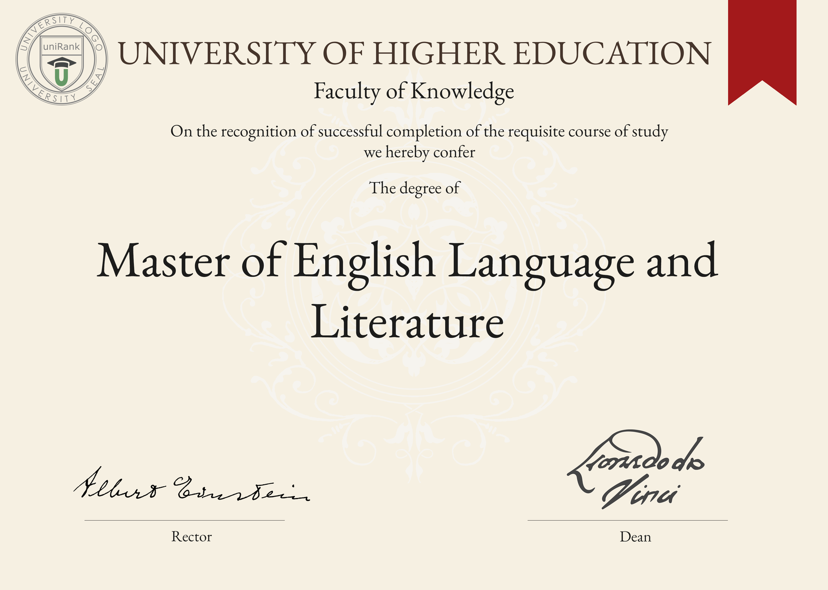 Master of English Language and Literature (MELL) program/course/degree certificate sample