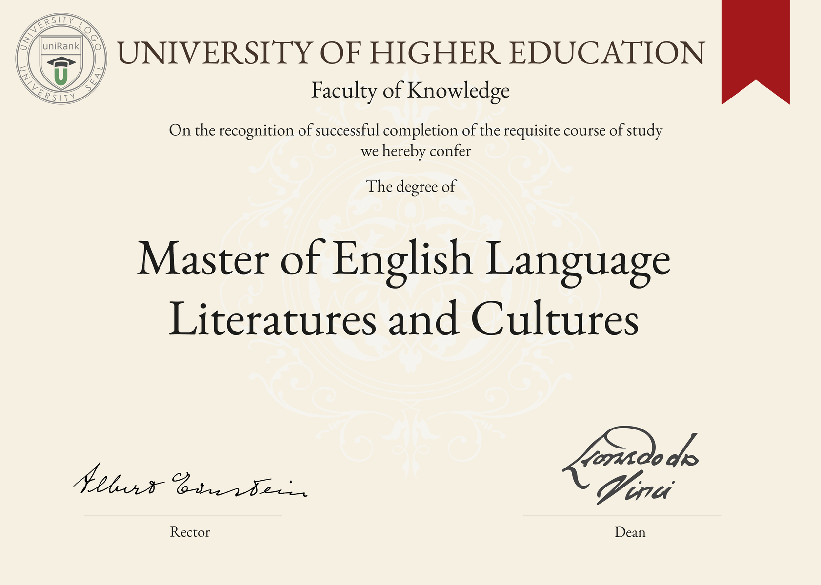 Master of English Language Literatures and Cultures (MELLAC) program/course/degree certificate sample