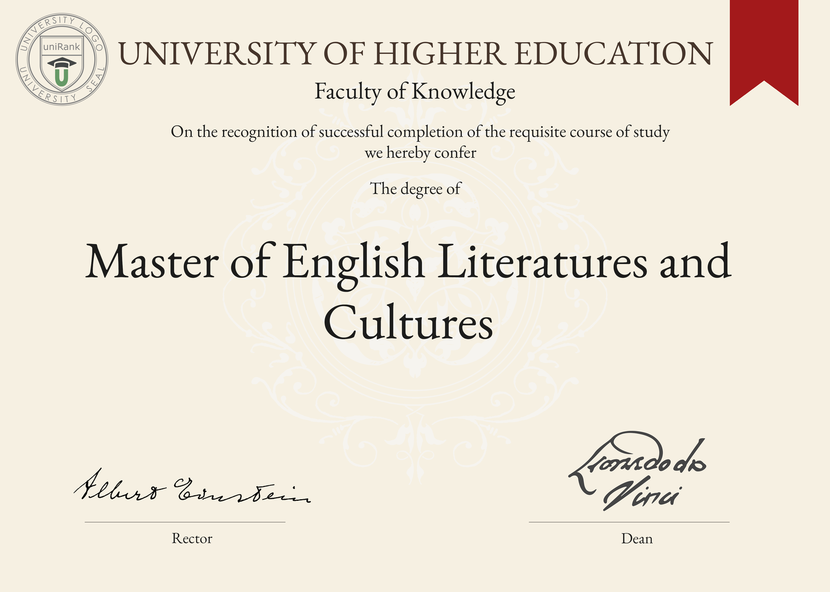 Master of English Literatures and Cultures (MELC) program/course/degree certificate sample