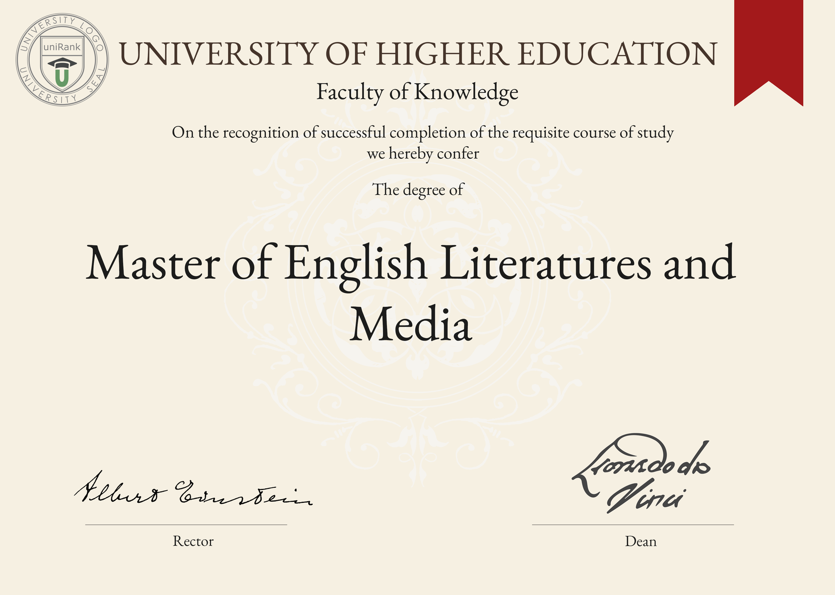 Master of English Literatures and Media (MELM) program/course/degree certificate sample