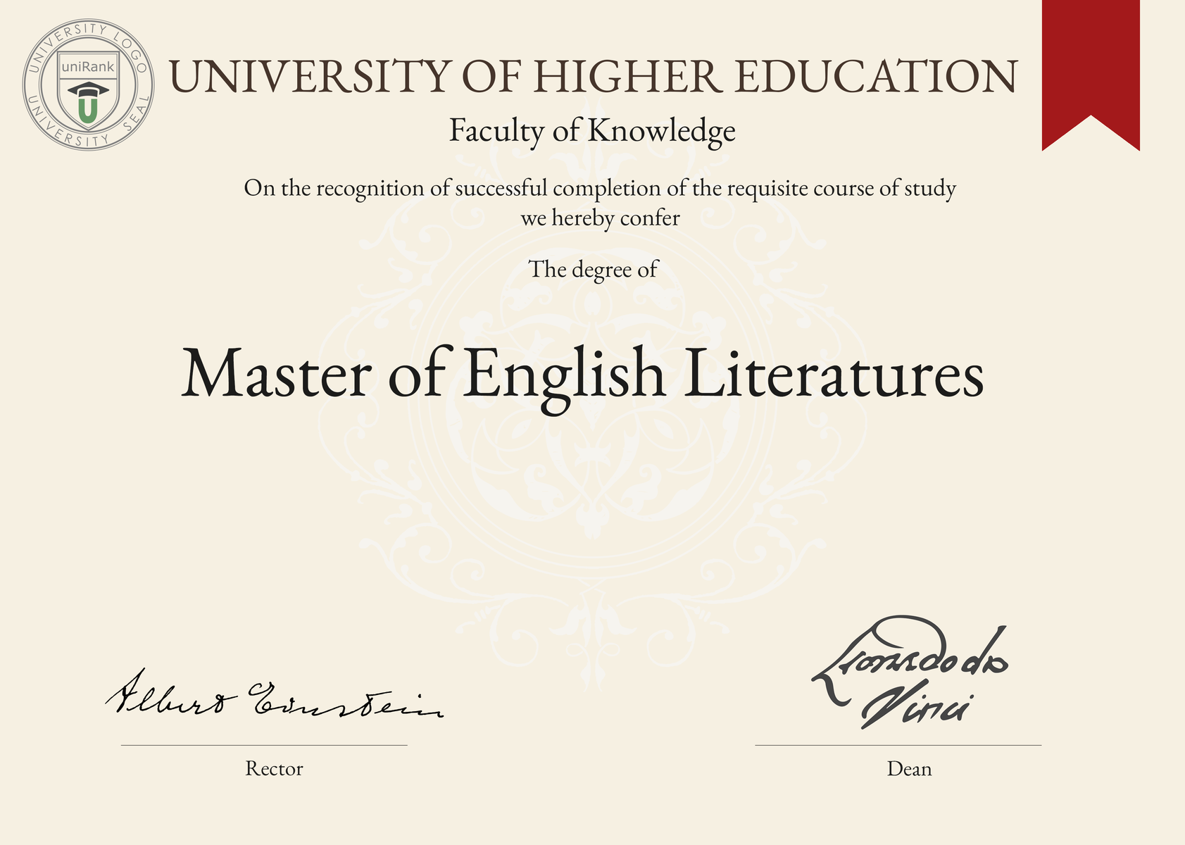 Master of English Literatures (MEL) program/course/degree certificate sample