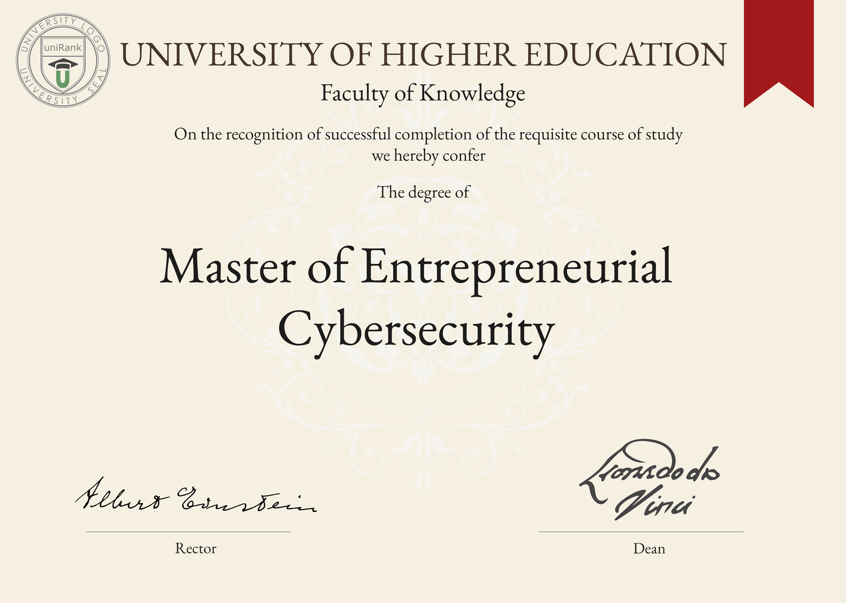 Master of Entrepreneurial Cybersecurity (M.E.C.) program/course/degree certificate sample