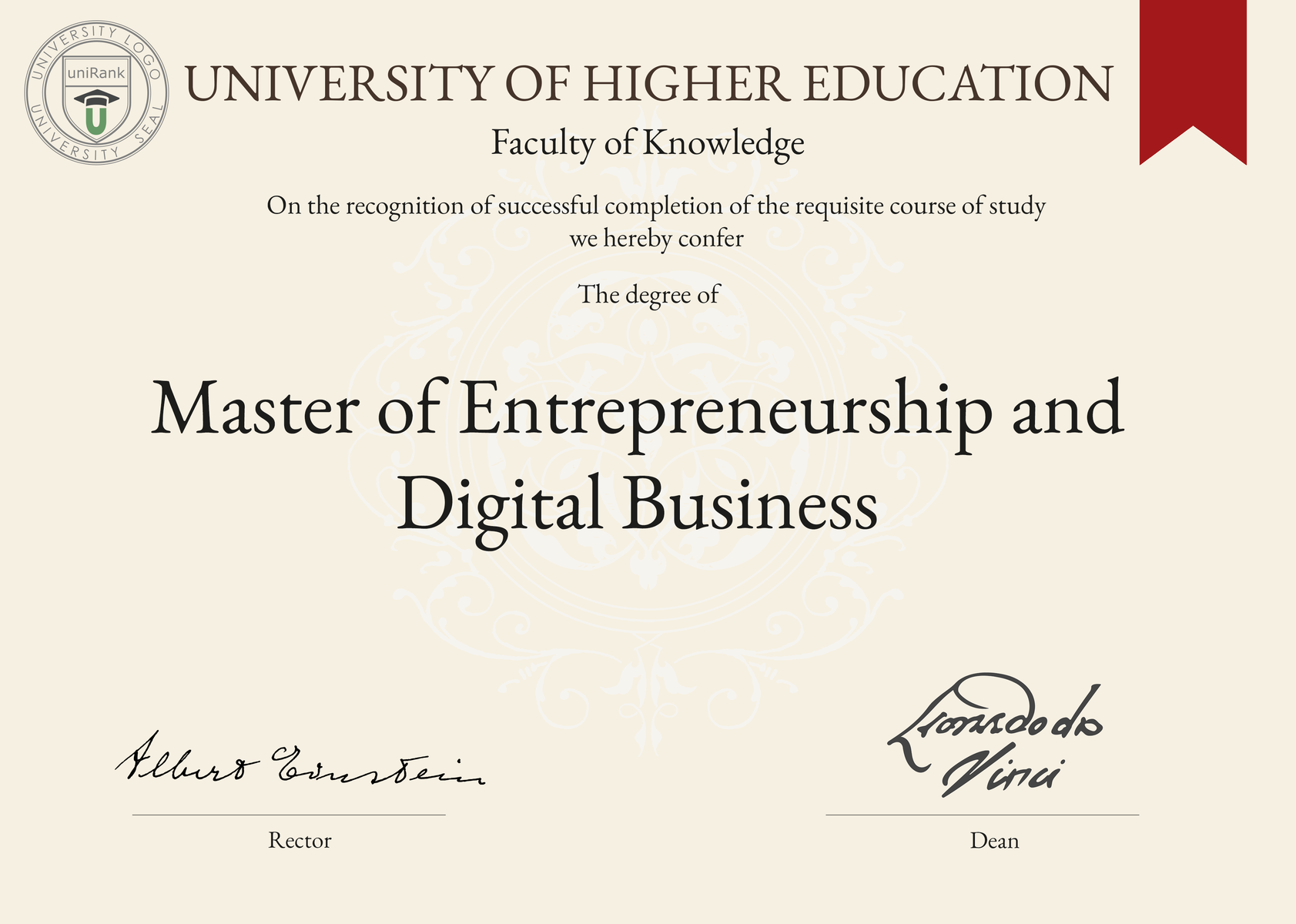 Master of Entrepreneurship and Digital Business (MEBD) program/course/degree certificate sample