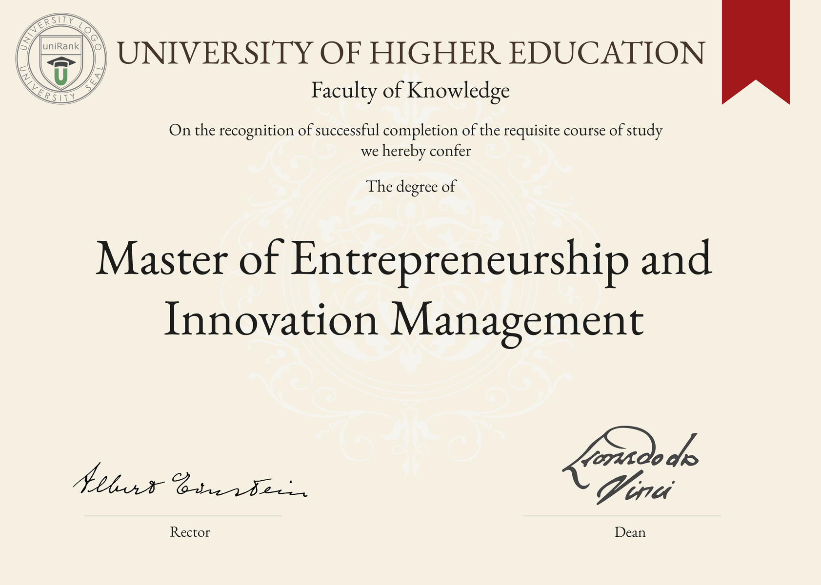 Master of Entrepreneurship and Innovation Management (M.E.I.M.) program/course/degree certificate sample