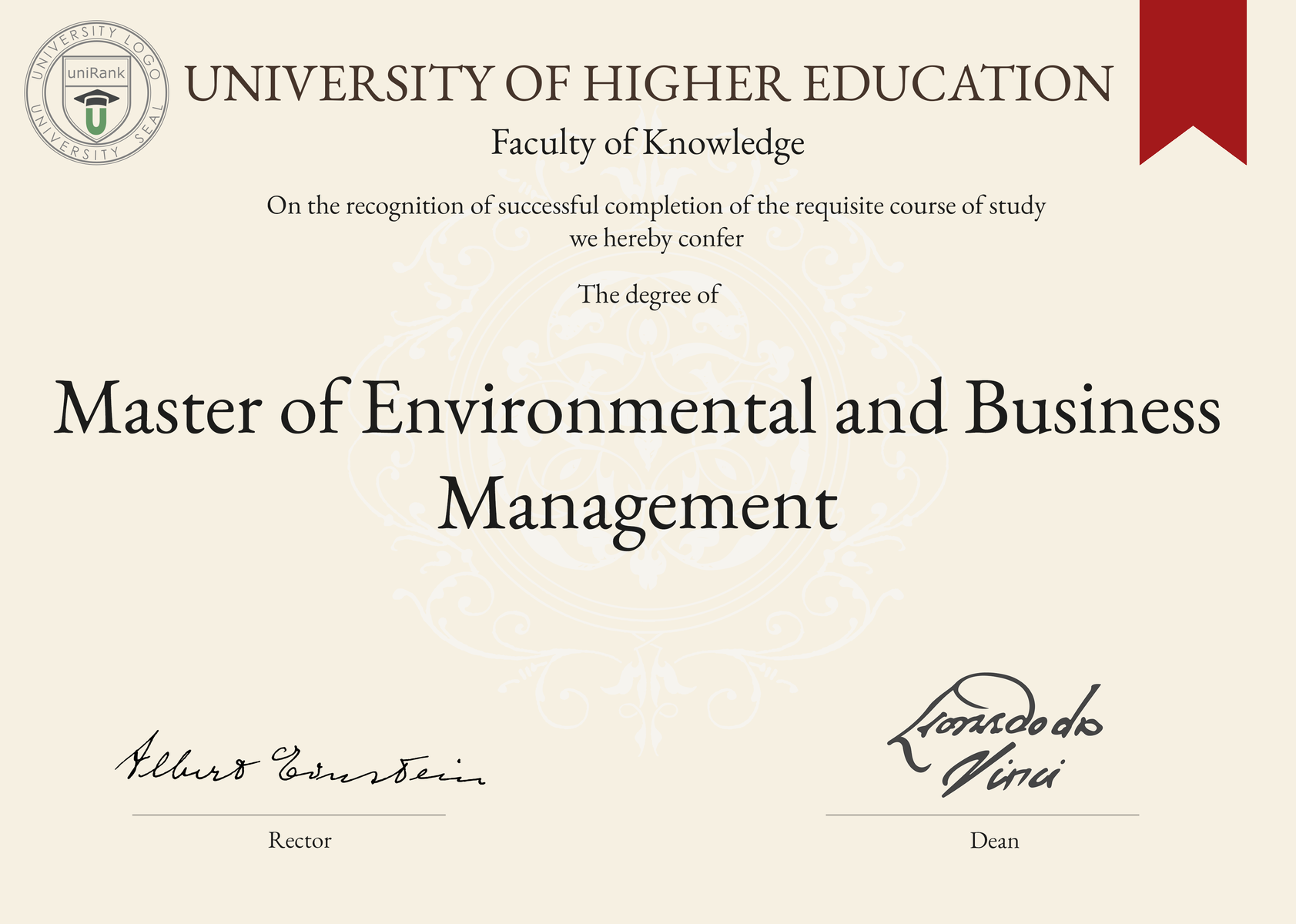 Master of Environmental and Business Management (MEBM) program/course/degree certificate sample