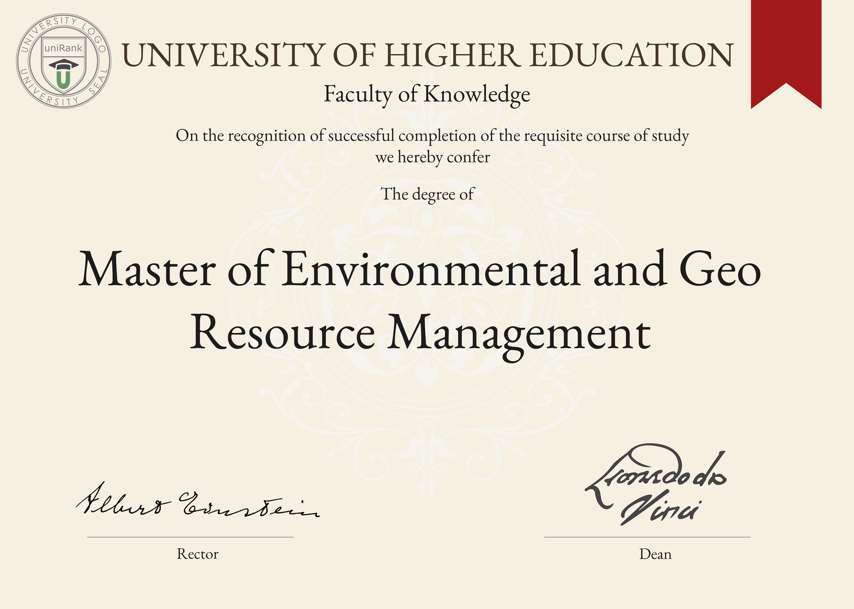 Master of Environmental and Geo Resource Management (MEGM) program/course/degree certificate sample