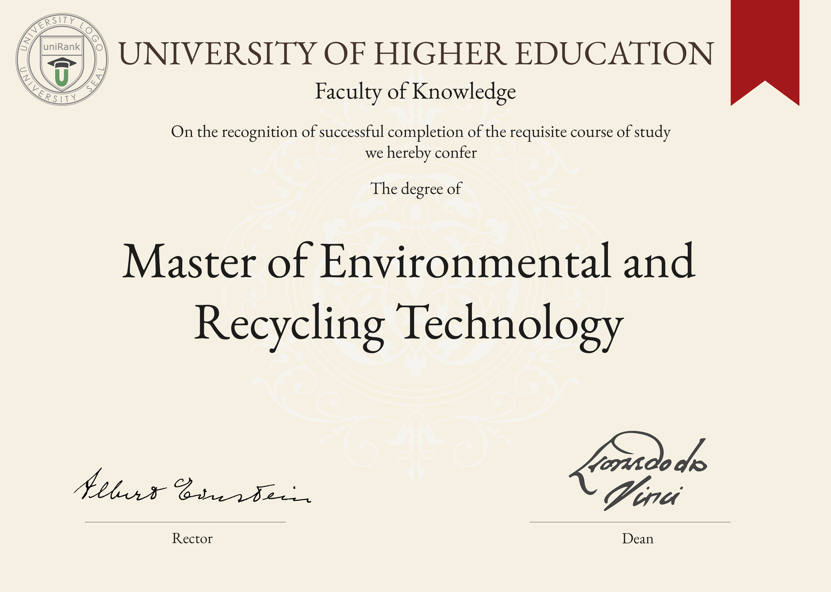 Master of Environmental and Recycling Technology (MERT) program/course/degree certificate sample