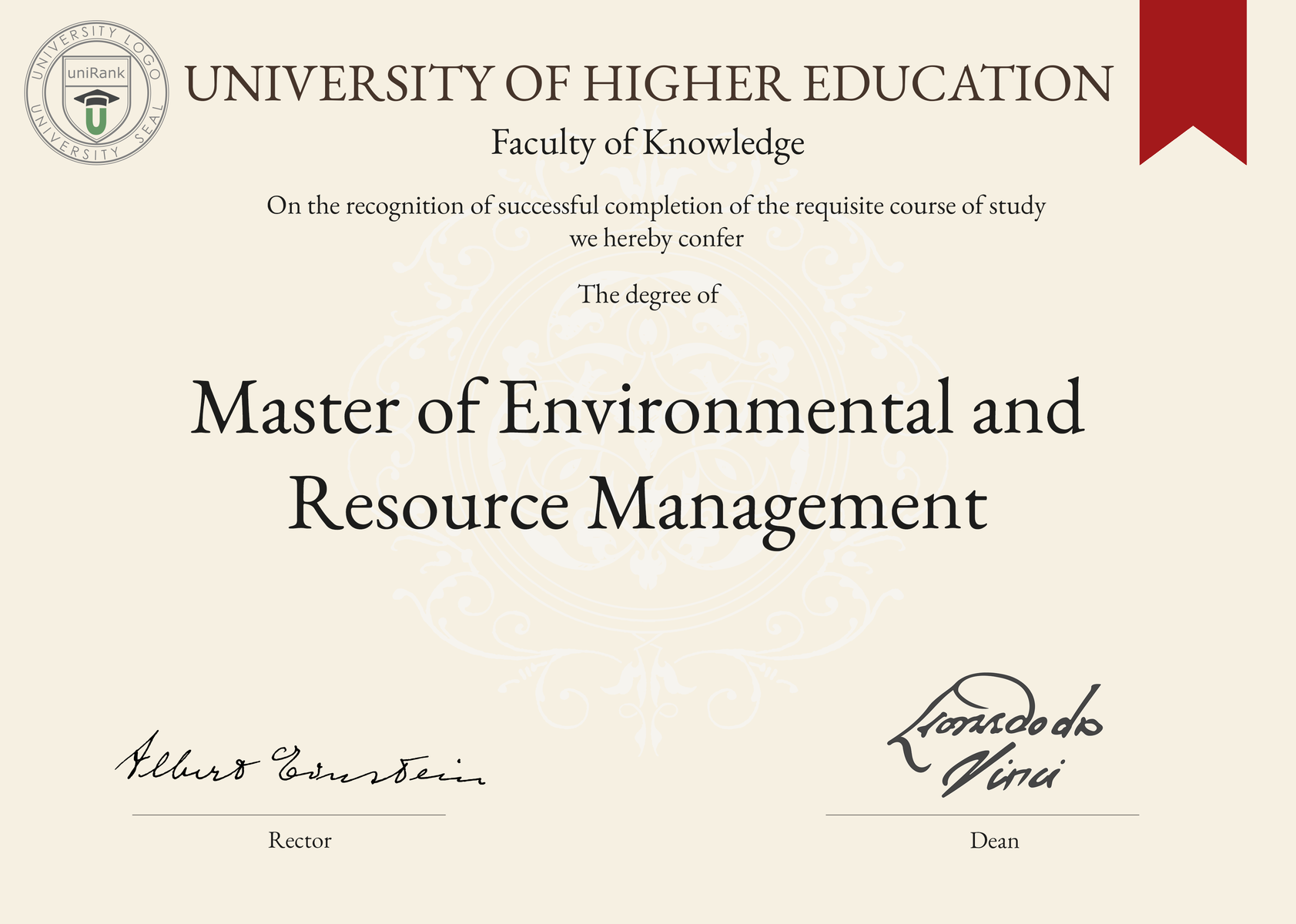 Master of Environmental and Resource Management (MERM) program/course/degree certificate sample