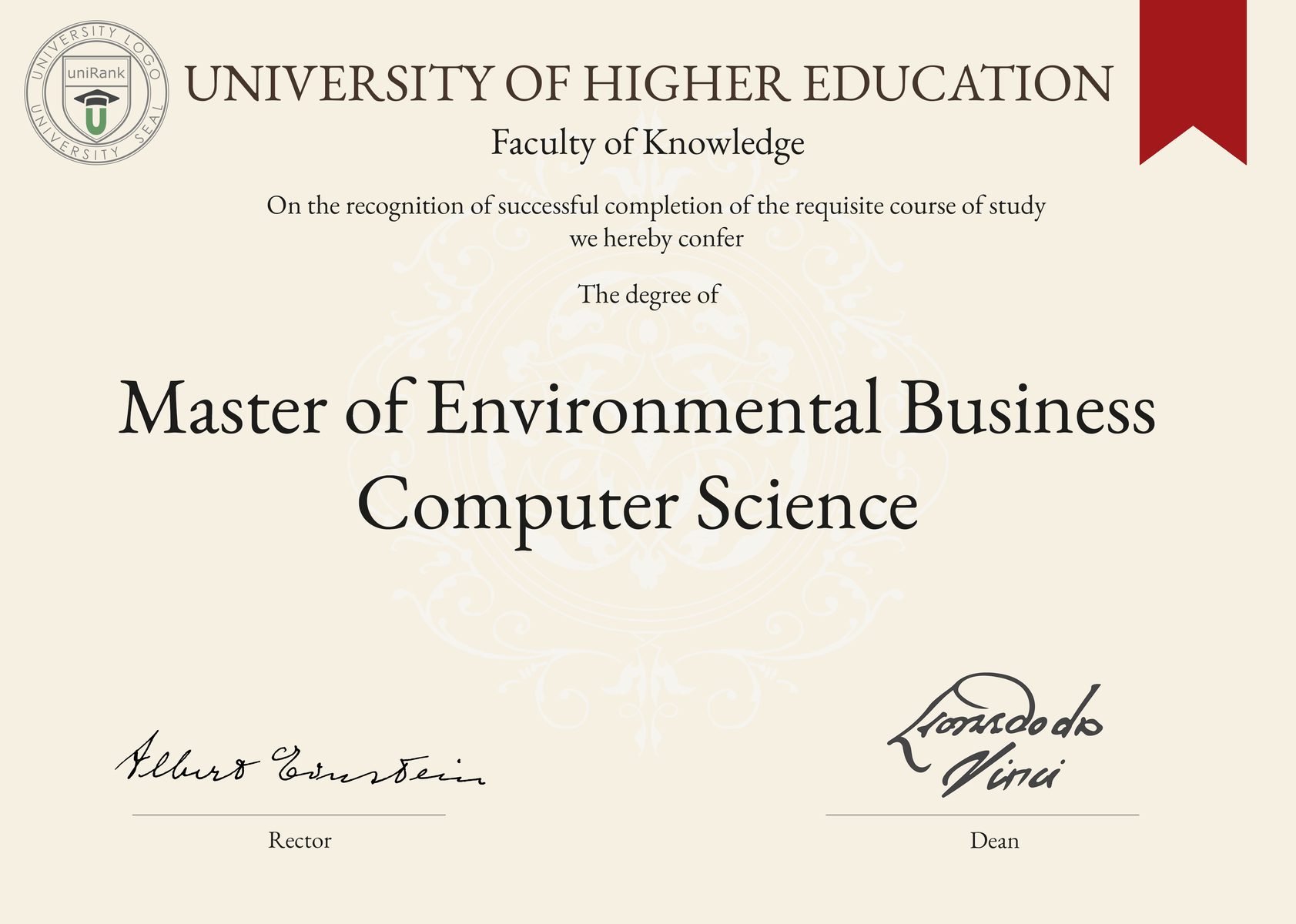 Master of Environmental Business Computer Science (MEBCompSci) program/course/degree certificate sample