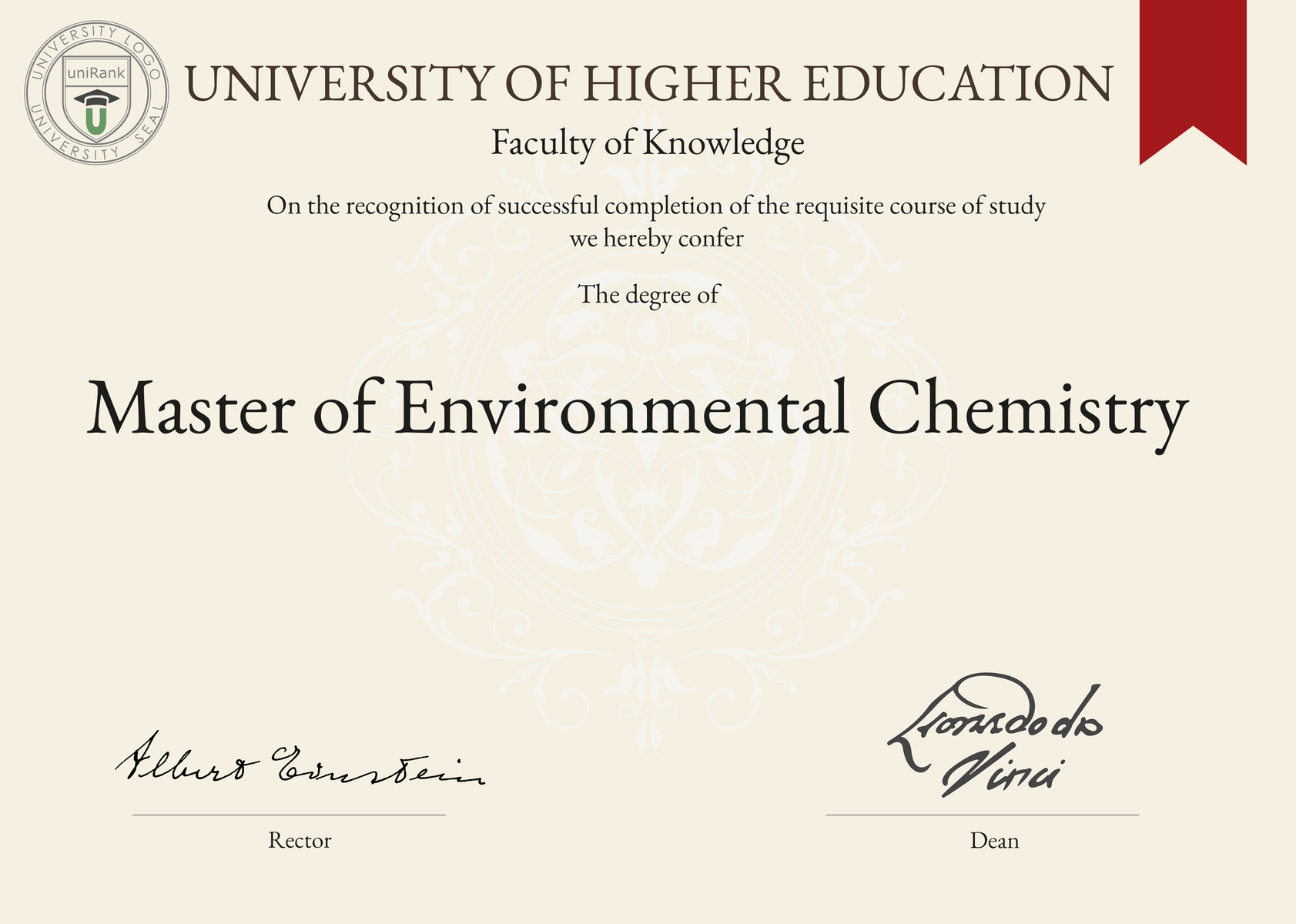 Master of Environmental Chemistry (M.Env.Chem.) program/course/degree certificate sample