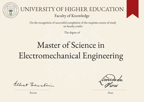 Master of Science in Electromechanical Engineering (M.Sc. in Electromechanical Engineering) program/course/degree certificate example