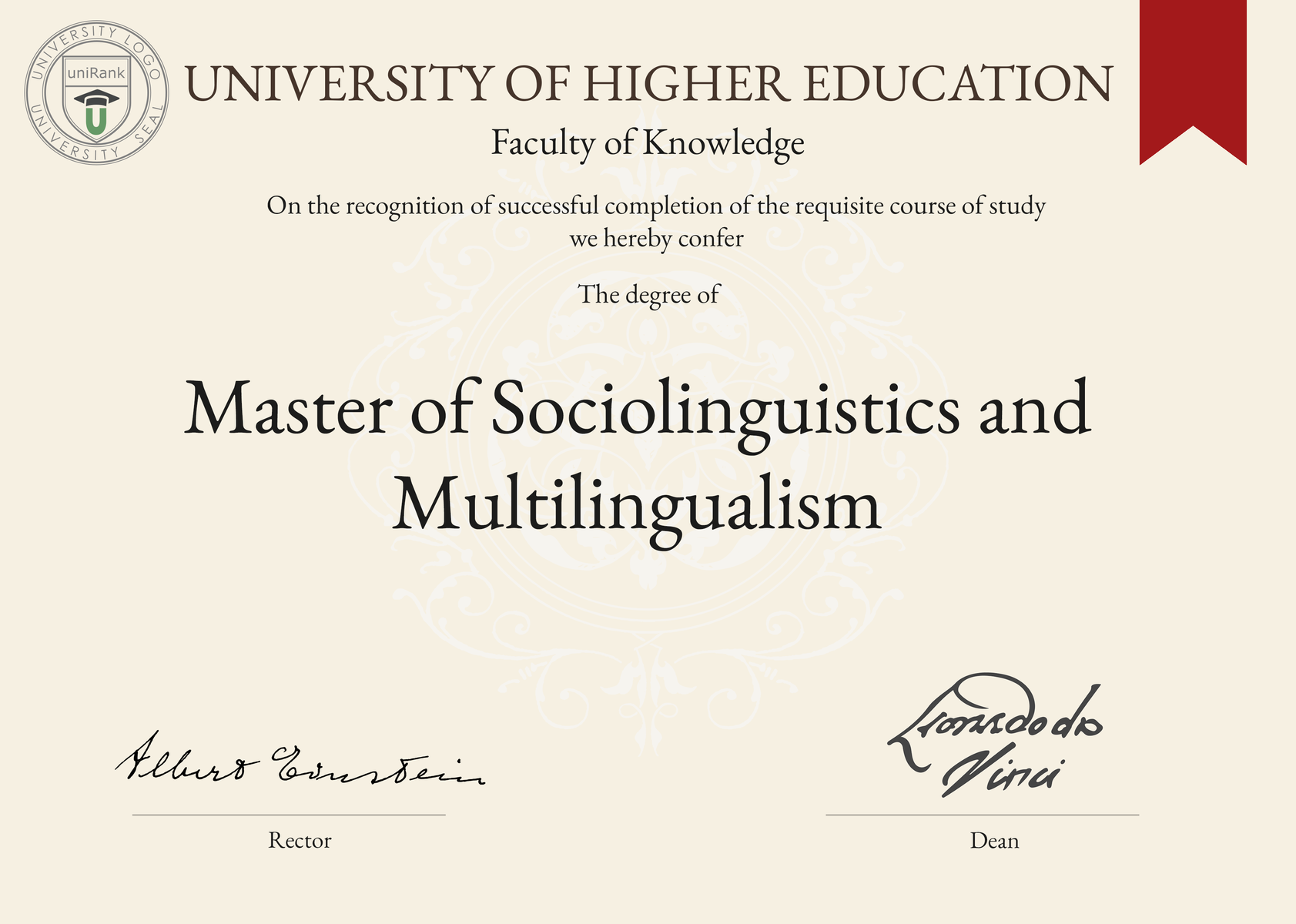 Master of Sociolinguistics and Multilingualism (M.A. in Sociolinguistics and Multilingualism) program/course/degree certificate sample