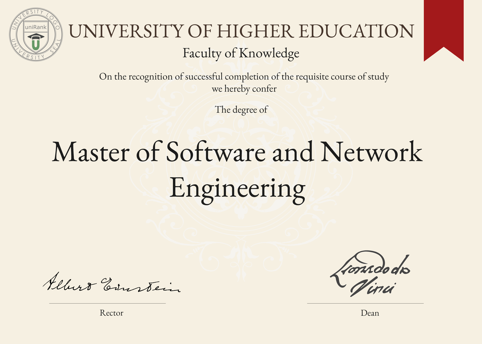 Master of Software and Network Engineering (M.S.N.E.) program/course/degree certificate sample