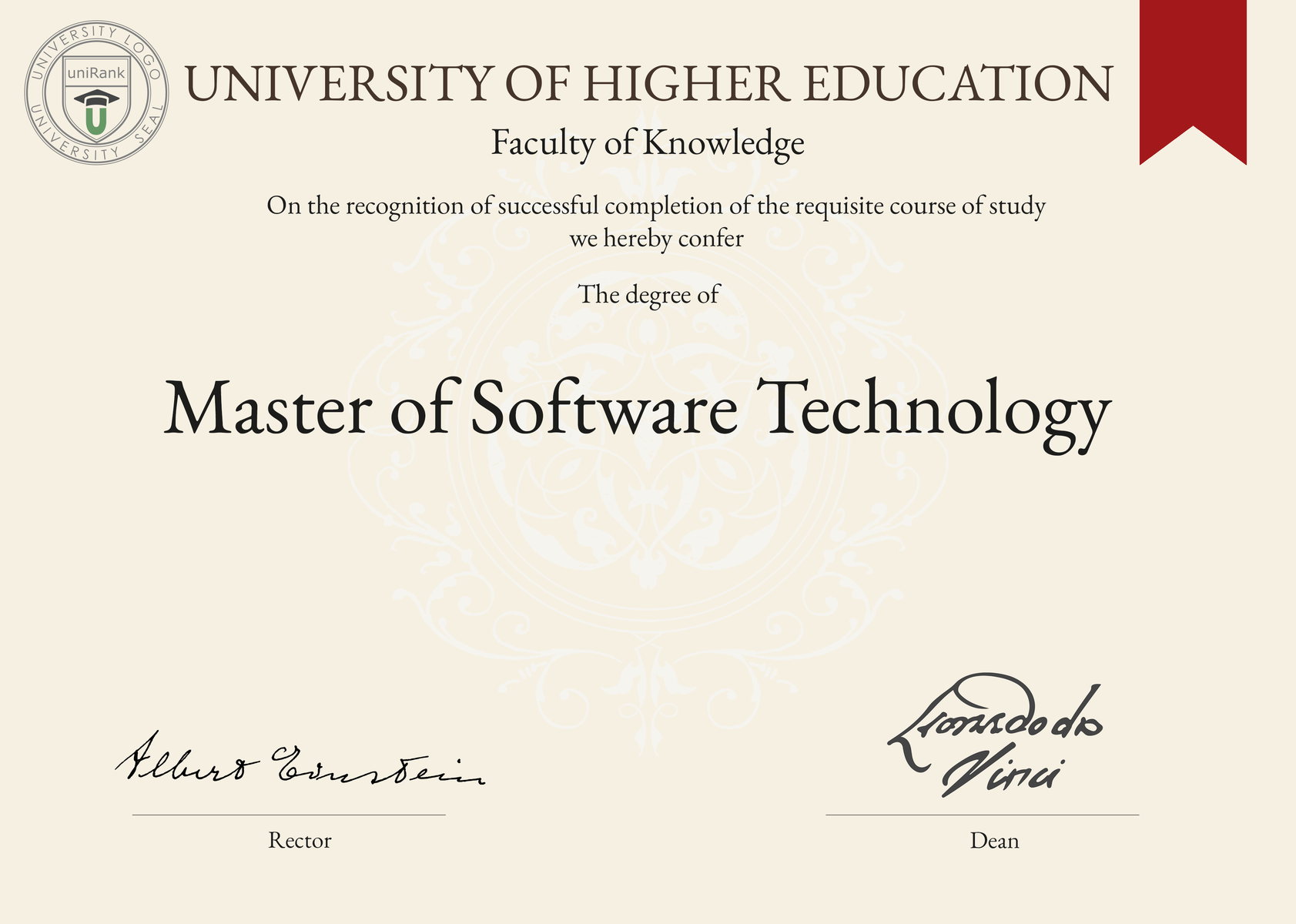 Master of Software Technology (MST) program/course/degree certificate sample