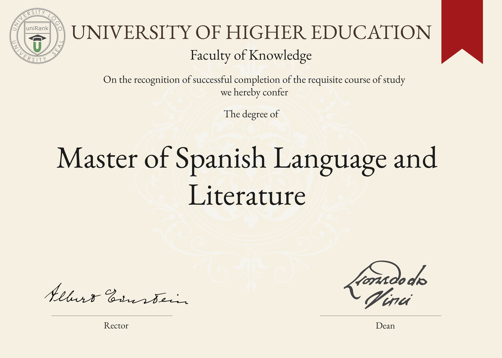 Master of Spanish Language and Literature (M.A. in Spanish Language and Literature) program/course/degree certificate sample