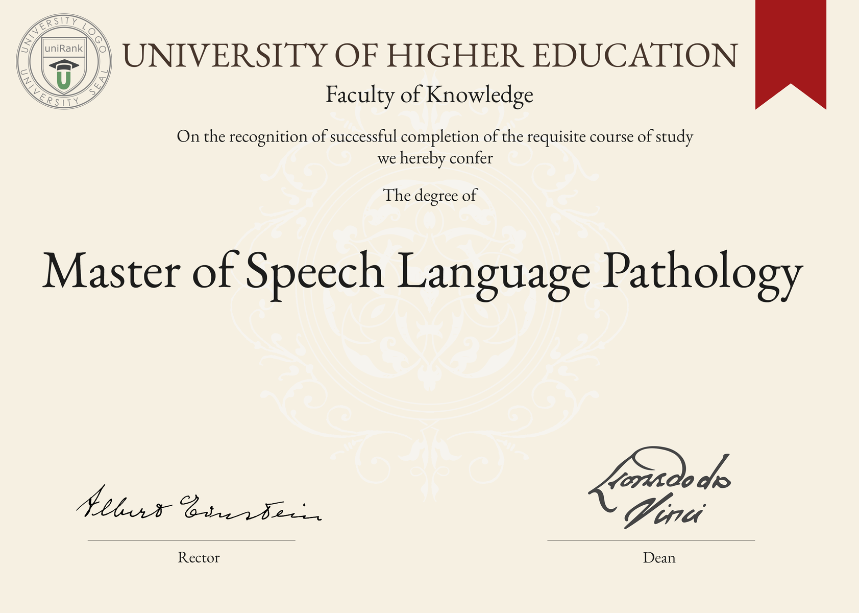 Master of Speech Language Pathology (M.S.L.P.) program/course/degree certificate sample