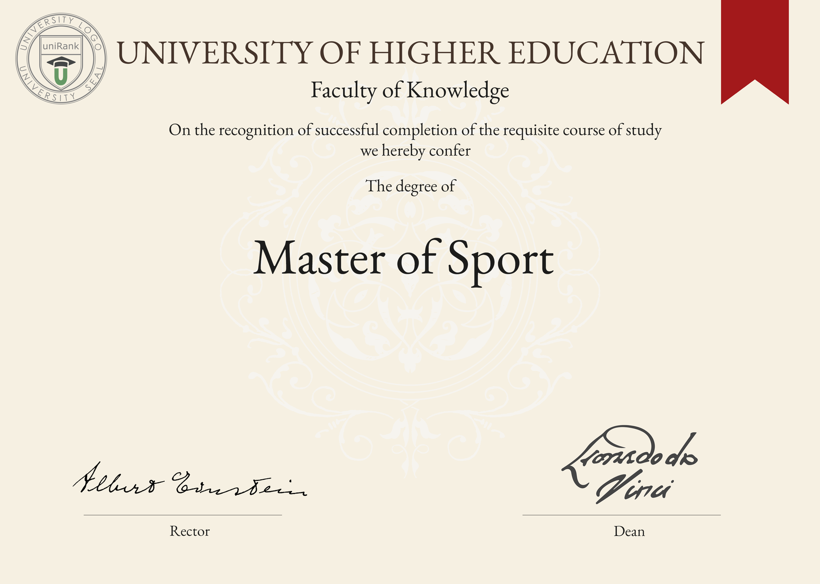 Master of Sport (M.S.) program/course/degree certificate sample