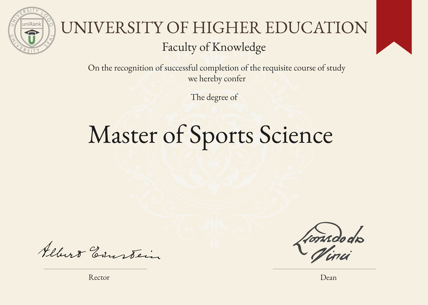 Master of Sports Science (MSS) program/course/degree certificate sample