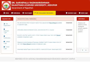 Dr. Sarvepalli Radhakrishnan Rajasthan Ayurved University's official website homepage screenshot