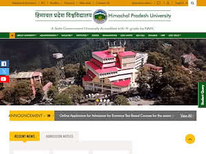 Himachal Pradesh University's official website homepage screenshot