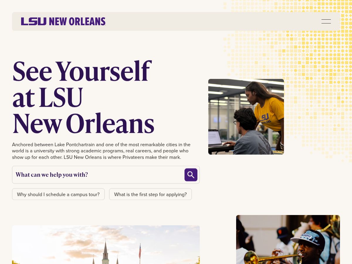 LSU New Orleans's official website homepage - featuring enrollment, academics and admissions info